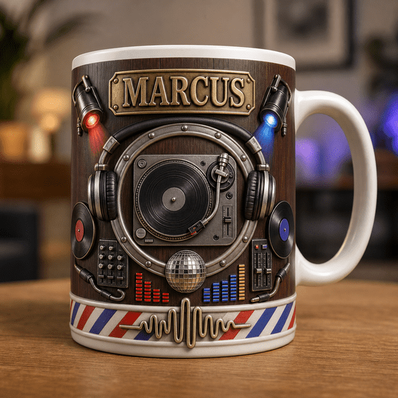 DJ Dad Custom Mug with Turntable Headphones Lights, Personalized Father's Day Gift