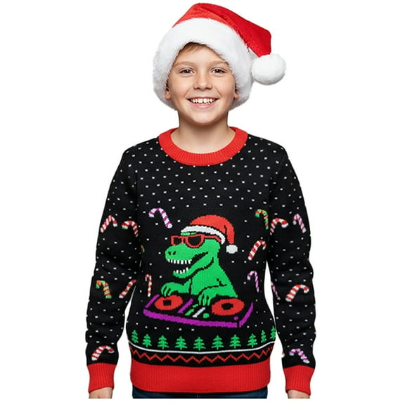 DJ Dinosaur Kids Ugly Christmas Sweater - Funny Holiday Pullover for Boys and Girls Who Love Dinos & Music Kids sweater Medium Multicolor