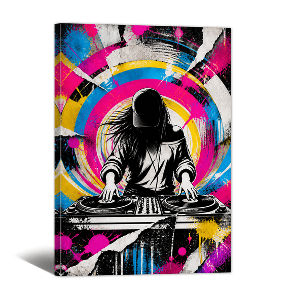 DJ Figure Canvas Wall Art Vitality Street Graffiti Picture Print, Spray Paint Retro Artwork Colored Drawing Painting for Living Room Bedroom Home Office Decor