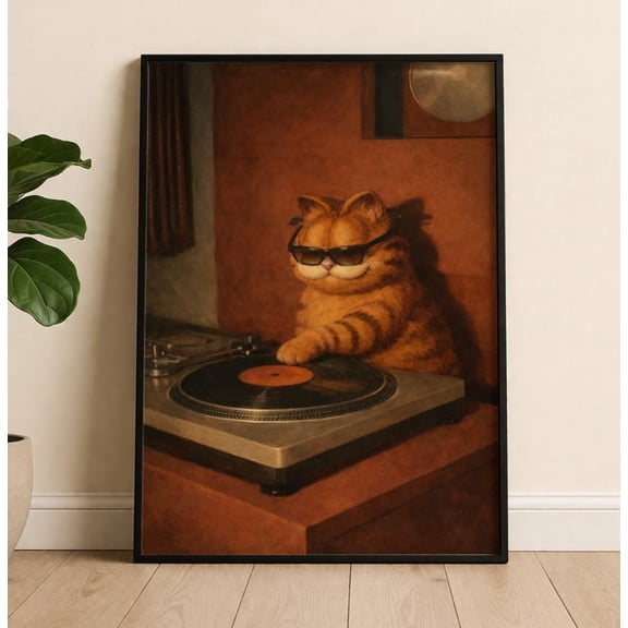 DJ Garfield Record Player Rolled Retro Vinyl Wall Art Cartoon Cat, Stretched Canvas