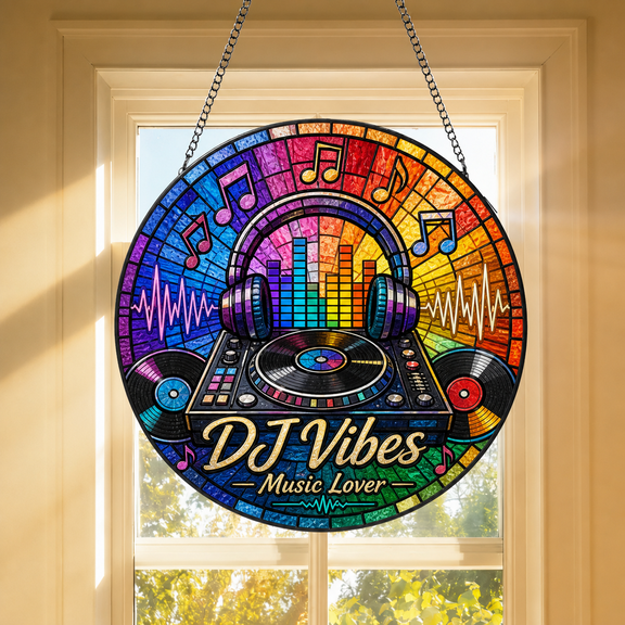 DJ Gift Musical Stained Glass Suncatcher, Music Lover Window Hanging Decor