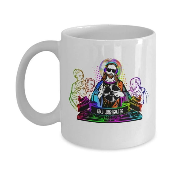 DJ Jesus Wearing Shades & Holding A Vinyl Featuring A Disco Ball, Mixer & The Last Supper Disciples Coffee & Tea Gift Mug Cup For A Jesus Lover Christian Disc Jockey & Men Or Women Gospel Music DJs