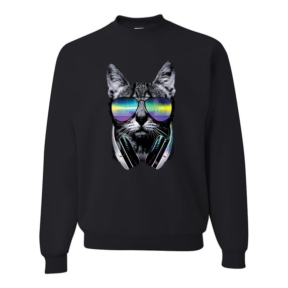 DJ Kitty Cat with Headphones | Mens Cat Lover Crewneck Graphic Sweatshirt, Black, Small