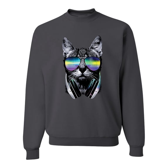 DJ Kitty Cat with Headphones | Mens Cat Lover Crewneck Graphic Sweatshirt, Charcoal, 2XL