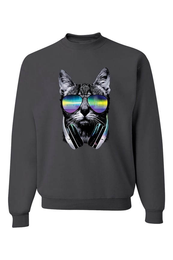 DJ Kitty Cat with Headphones | Mens Cat Lover Crewneck Graphic Sweatshirt, Charcoal, Small