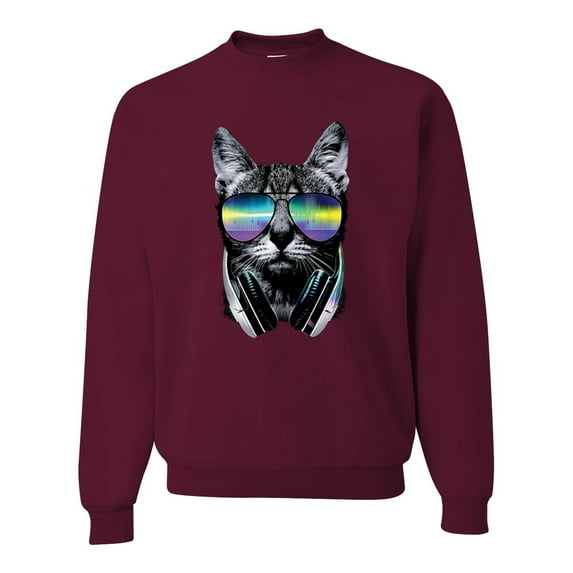DJ Kitty Cat with Headphones | Mens Cat Lover Crewneck Graphic Sweatshirt, Maroon, X-Large