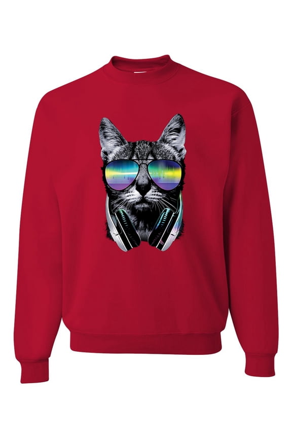 DJ Kitty Cat with Headphones | Mens Cat Lover Crewneck Graphic Sweatshirt, Red, X-Large