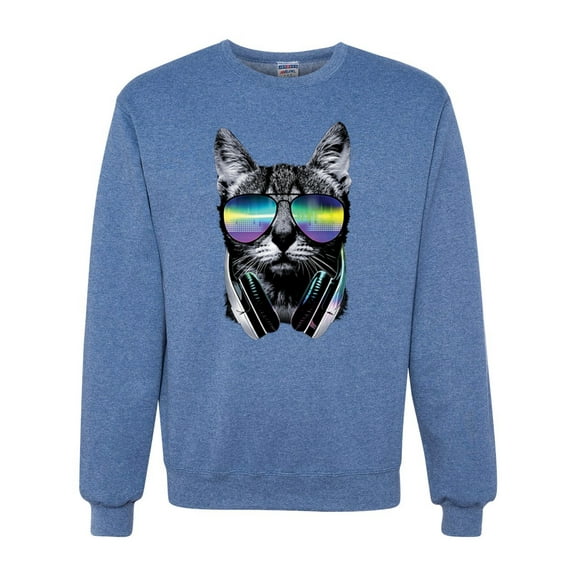 DJ Kitty Cat with Headphones | Mens Cat Lover Crewneck Graphic Sweatshirt, Vintage Heather Blue, Small