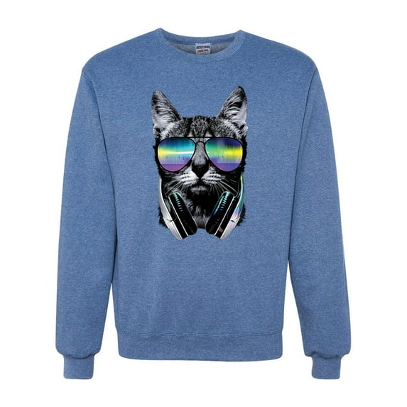 DJ Kitty Cat with Headphones | Mens Cat Lover Crewneck Graphic Sweatshirt, Vintage Heather Blue, X-Large