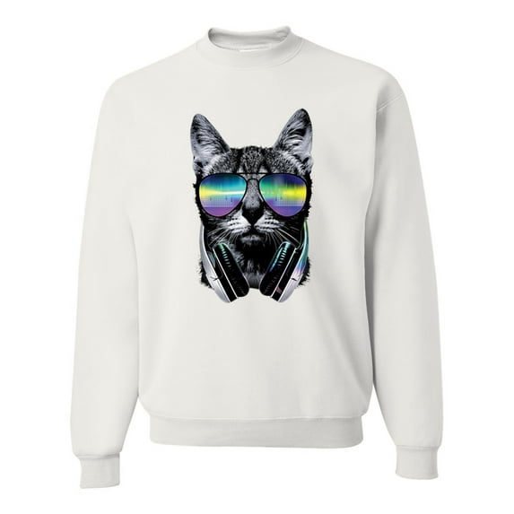 DJ Kitty Cat with Headphones | Mens Cat Lover Crewneck Graphic Sweatshirt, White, Small