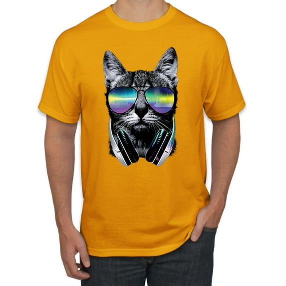 DJ Kitty Cat with Headphones | Mens Cat Lover Graphic T-Shirt, Gold, Large