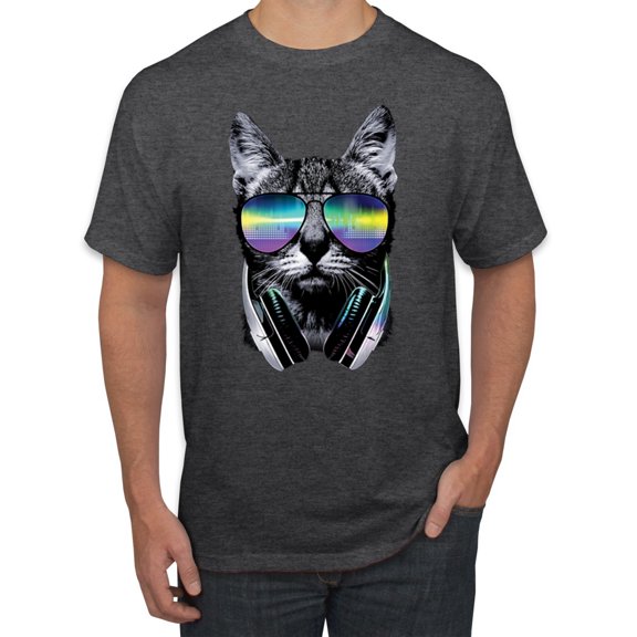 DJ Kitty Cat with Headphones | Mens Cat Lover Graphic T-Shirt, Heather Black, X-Large
