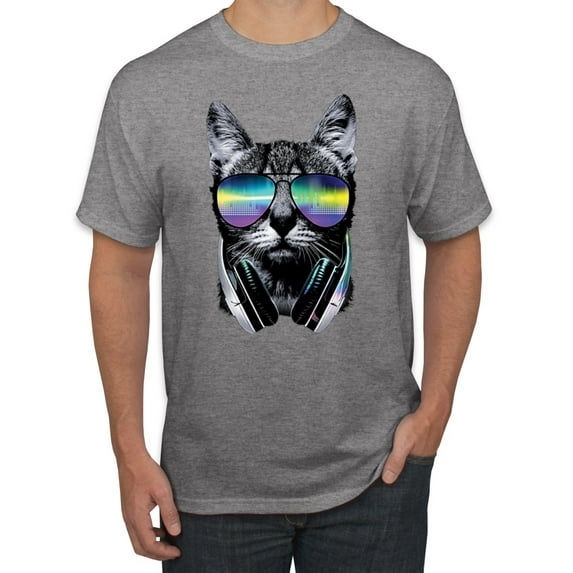 DJ Kitty Cat with Headphones | Mens Cat Lover Graphic T-Shirt, Heather Grey, 5XL