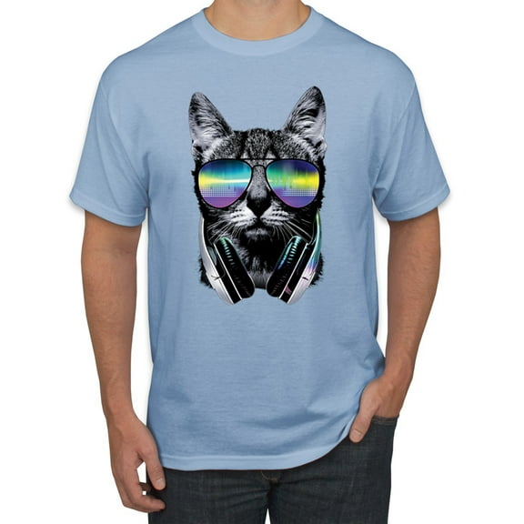 DJ Kitty Cat with Headphones | Mens Cat Lover Graphic T-Shirt, Light Blue, Medium