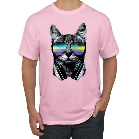 DJ Kitty Cat with Headphones | Mens Cat Lover Graphic T-Shirt, Light Pink, Medium