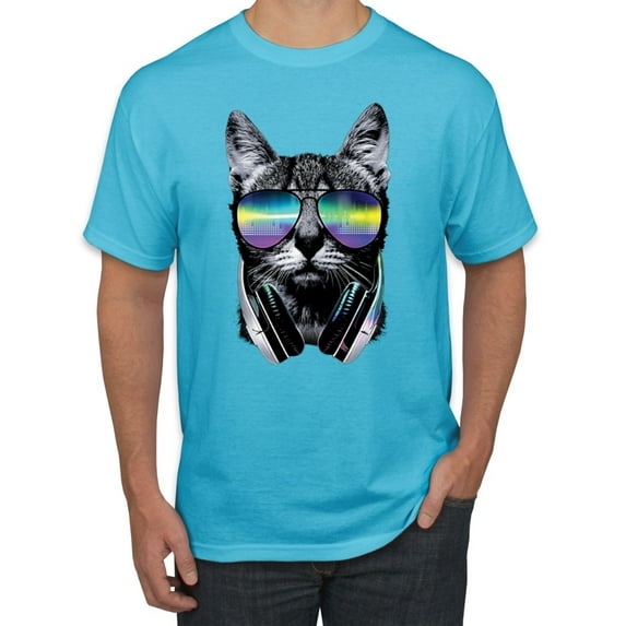 DJ Kitty Cat with Headphones | Mens Cat Lover Graphic T-Shirt, Light Turquoise, Small