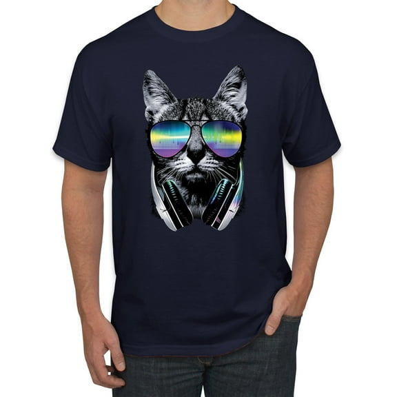 DJ Kitty Cat with Headphones | Mens Cat Lover Graphic T-Shirt, Navy, Small