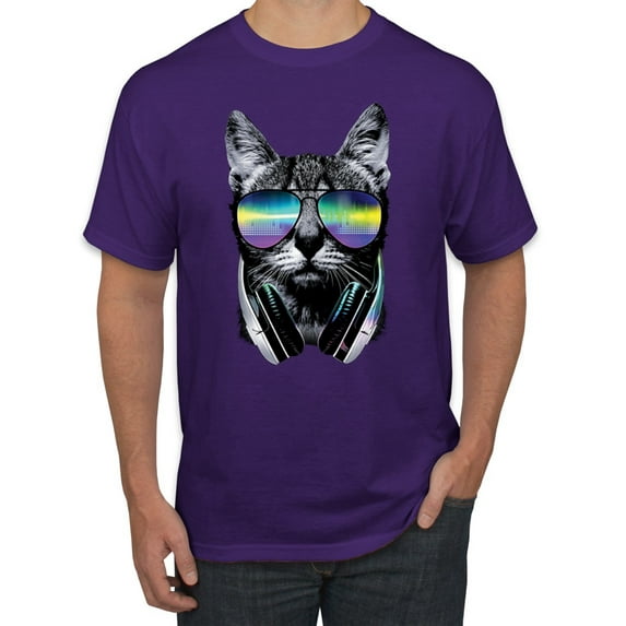 DJ Kitty Cat with Headphones | Mens Cat Lover Graphic T-Shirt, Purple, 2XL