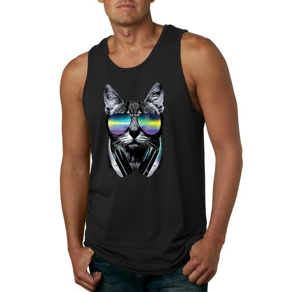 DJ Kitty Cat with Headphones | Mens Cat Lover Graphic Tank Top, Black, X-Large
