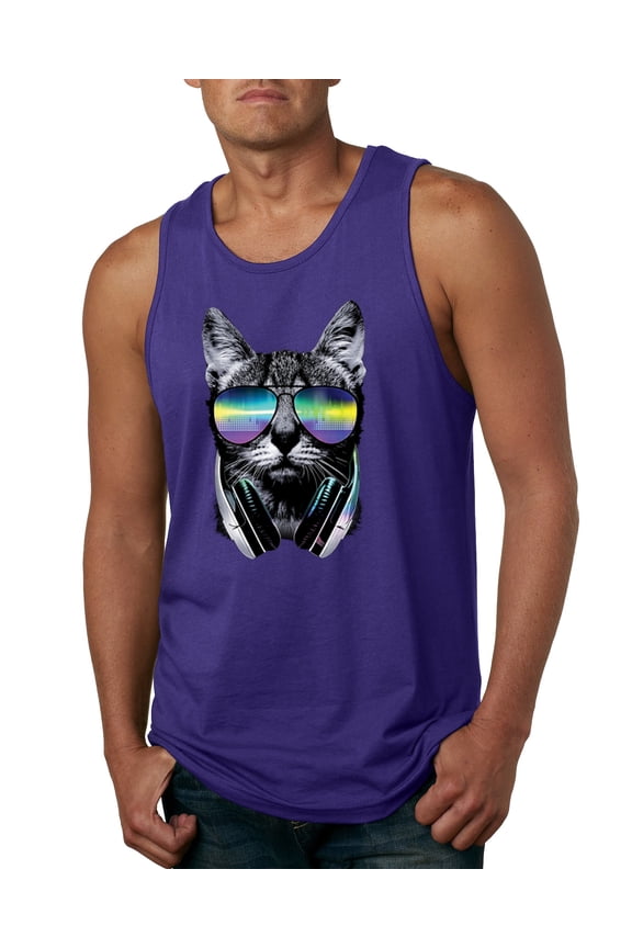 DJ Kitty Cat with Headphones | Mens Cat Lover Graphic Tank Top, Purple, Medium
