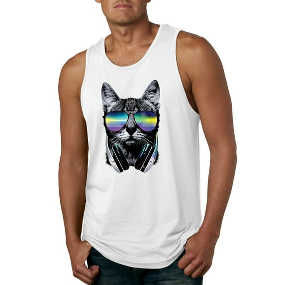 DJ Kitty Cat with Headphones | Mens Cat Lover Graphic Tank Top, White, Medium