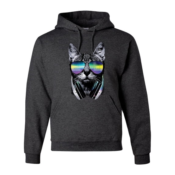 DJ Kitty Cat with Headphones | Mens Cat Lover Hooded Sweatshirt Graphic Hoodie, Heather Black, 2XL