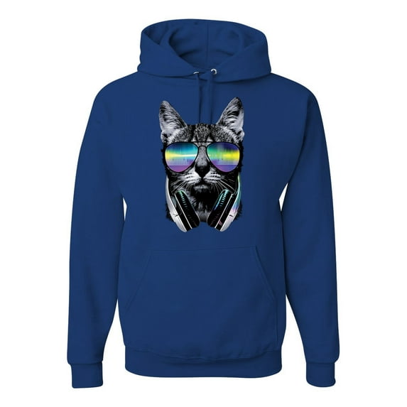 DJ Kitty Cat with Headphones | Mens Cat Lover Hooded Sweatshirt Graphic Hoodie, Royal, Large