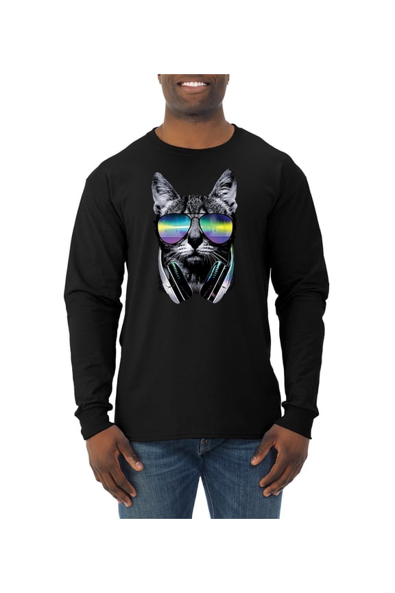 DJ Kitty Cat with Headphones | Mens Cat Lover Long Sleeve T-Shirt, Black, 2XL