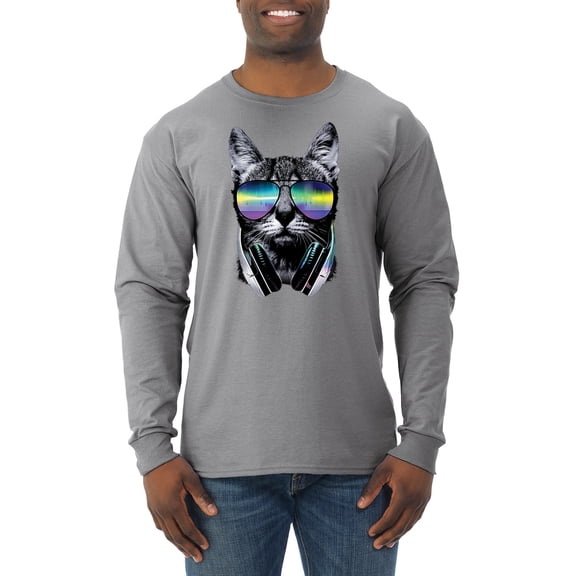 DJ Kitty Cat with Headphones | Mens Cat Lover Long Sleeve T-Shirt, Heather Grey, 3XL