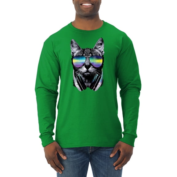 DJ Kitty Cat with Headphones | Mens Cat Lover Long Sleeve T-Shirt, Kelly, Small