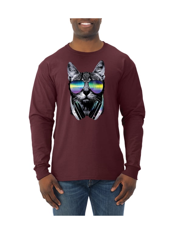 DJ Kitty Cat with Headphones | Mens Cat Lover Long Sleeve T-Shirt, Maroon, Small