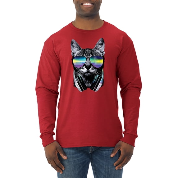DJ Kitty Cat with Headphones | Mens Cat Lover Long Sleeve T-Shirt, Red, X-Large