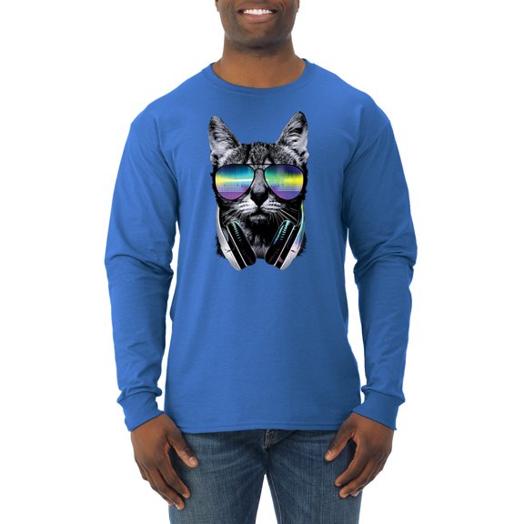 DJ Kitty Cat with Headphones | Mens Cat Lover Long Sleeve T-Shirt, Royal, 3XL