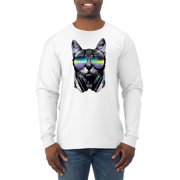 DJ Kitty Cat with Headphones | Mens Cat Lover Long Sleeve T-Shirt, White, X-Large
