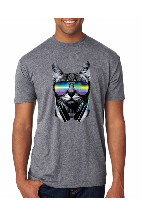 DJ Kitty Cat with Headphones | Mens Cat Lover Premium Tri Blend T-Shirt, Premium Heather, 2XL