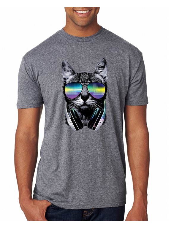 DJ Kitty Cat with Headphones | Mens Cat Lover Premium Tri Blend T-Shirt, Premium Heather, 2XL
