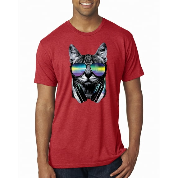 DJ Kitty Cat with Headphones | Mens Cat Lover Premium Tri Blend T-Shirt, Vintage Red, X-Large
