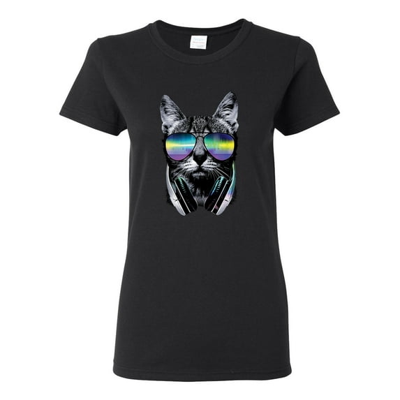 DJ Kitty Cat with Headphones | Womens Cat Lover Graphic T-Shirt, Black, Small