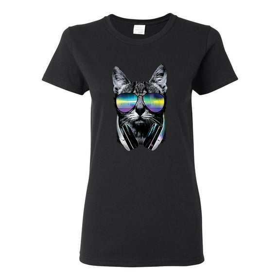 DJ Kitty Cat with Headphones | Womens Cat Lover Graphic T-Shirt, Black, Small