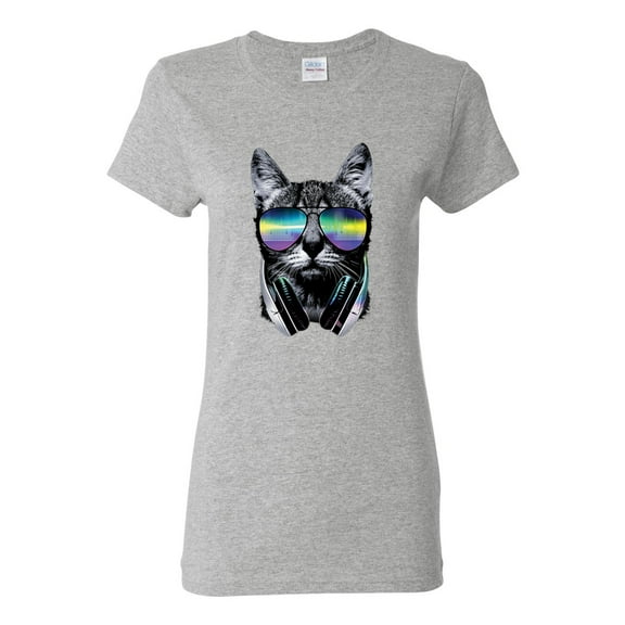 DJ Kitty Cat with Headphones | Womens Cat Lover Graphic T-Shirt, Heather Grey, X-Large