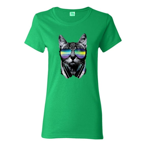 DJ Kitty Cat with Headphones | Womens Cat Lover Graphic T-Shirt, Kelly, Large