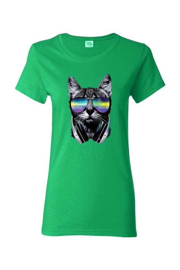 DJ Kitty Cat with Headphones | Womens Cat Lover Graphic T-Shirt, Kelly, Medium