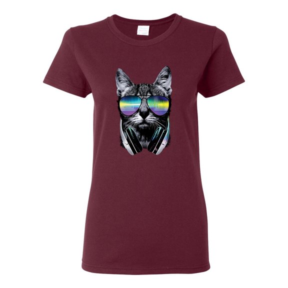 DJ Kitty Cat with Headphones | Womens Cat Lover Graphic T-Shirt, Maroon, 2XL