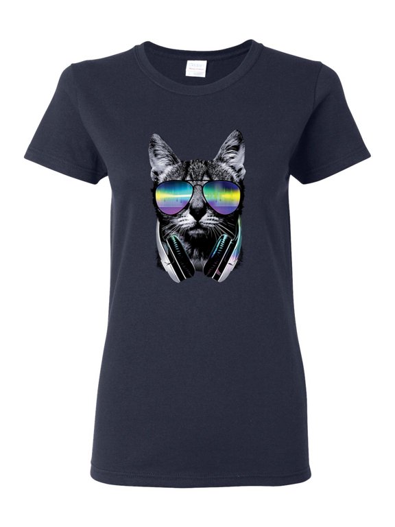DJ Kitty Cat with Headphones | Womens Cat Lover Graphic T-Shirt, Navy, Large