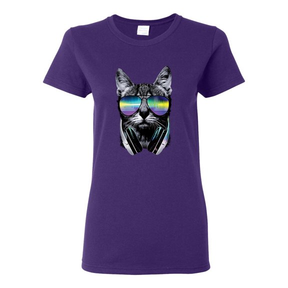 DJ Kitty Cat with Headphones | Womens Cat Lover Graphic T-Shirt, Purple, 2XL
