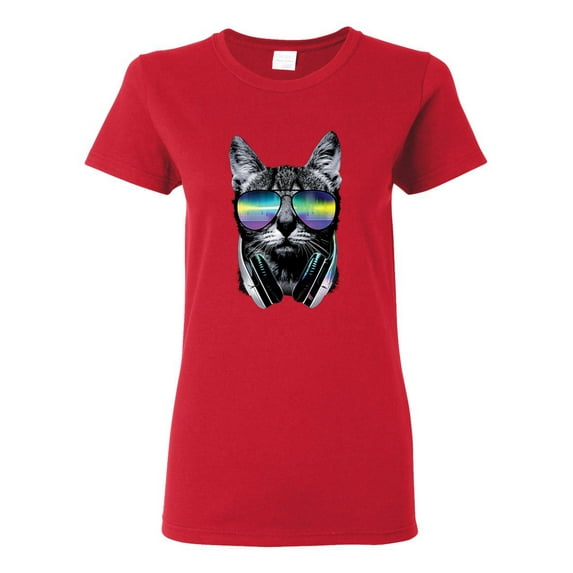 DJ Kitty Cat with Headphones | Womens Cat Lover Graphic T-Shirt, Red, Large