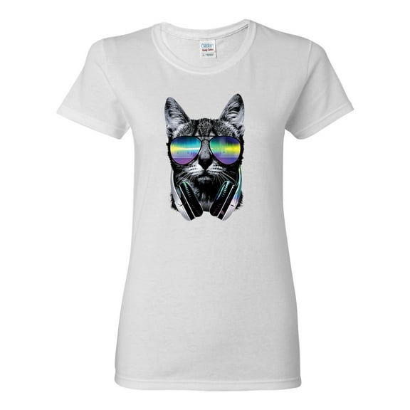 DJ Kitty Cat with Headphones | Womens Cat Lover Graphic T-Shirt, White, Medium