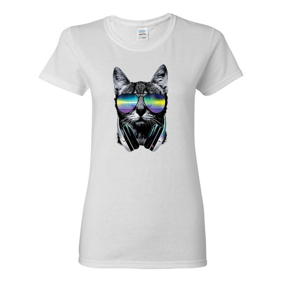 DJ Kitty Cat with Headphones | Womens Cat Lover Graphic T-Shirt, White, Small