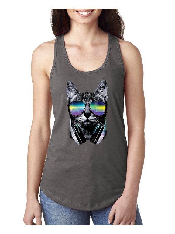 DJ Kitty Cat with Headphones | Womens Cat Lover Jersey Racerback Tank Top, Dark Grey, Small