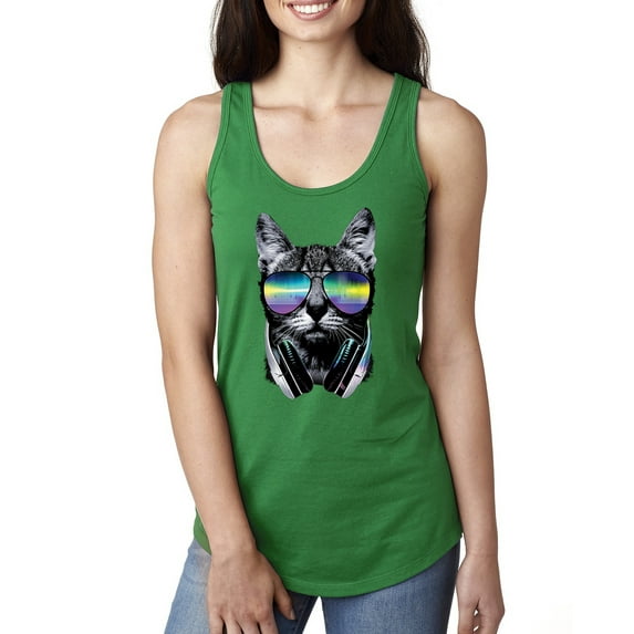 DJ Kitty Cat with Headphones | Womens Cat Lover Jersey Racerback Tank Top, Kelly, Large